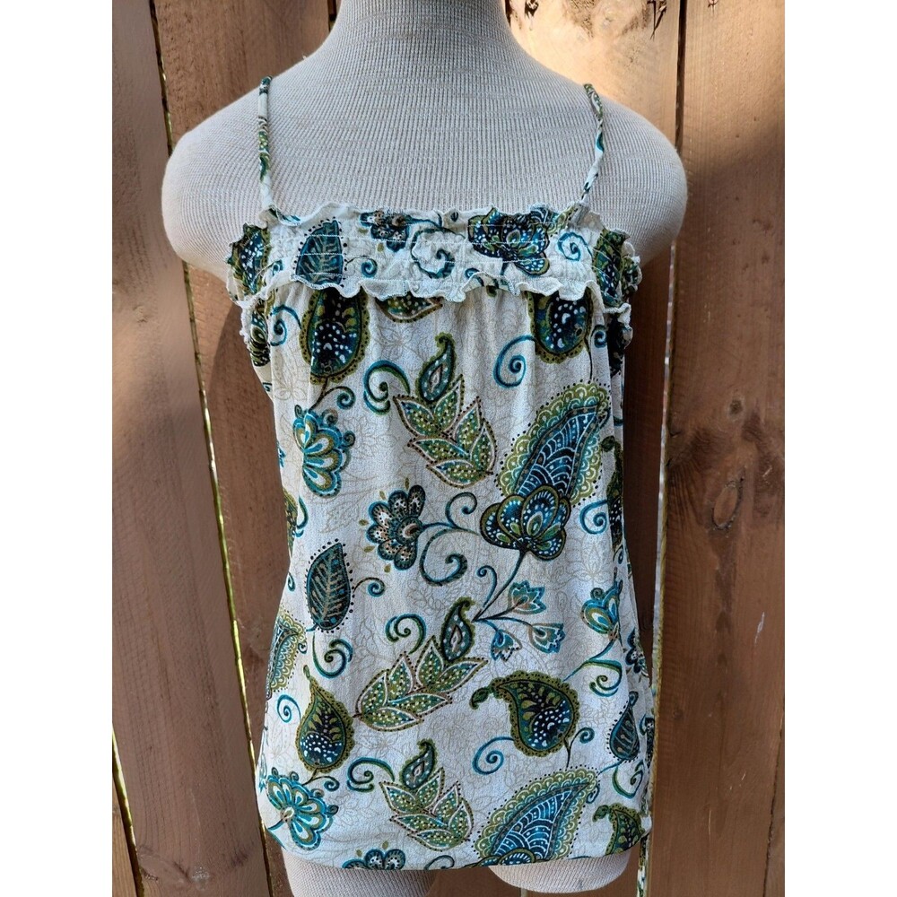 Maurices Womens Comfortable Tank Top Large Cream Paisley Ruffled Spaghetti Strap